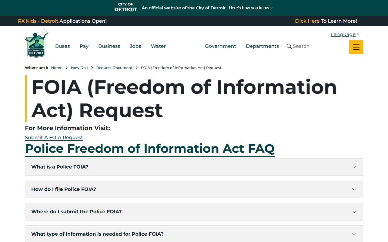 Detroit FOIA request phone directory page
