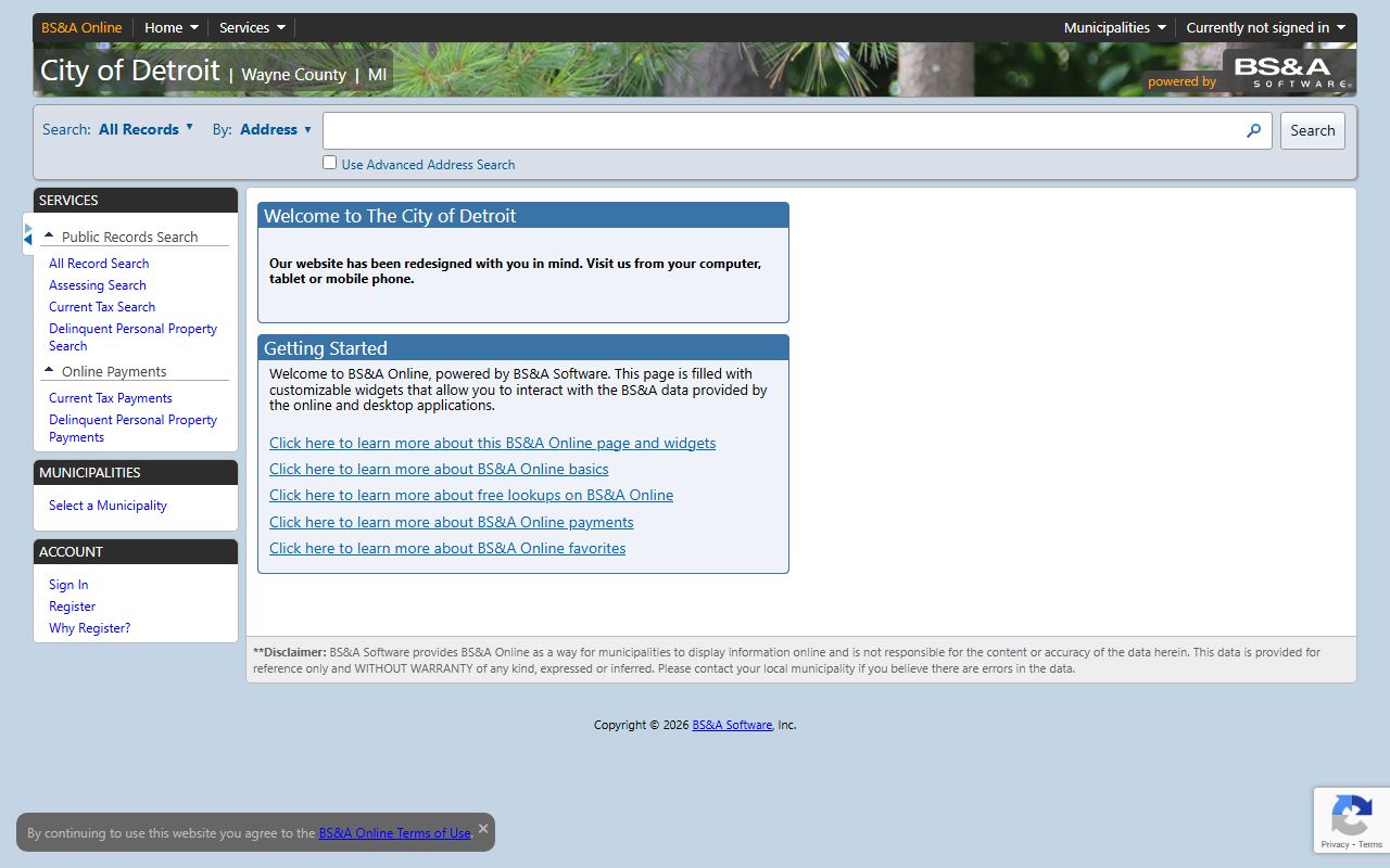 Detroit property search phone directory on BS&A Online